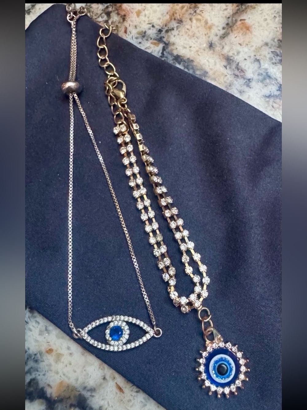 Two Blue Evil Eye Pendant Charm Bracelet Set